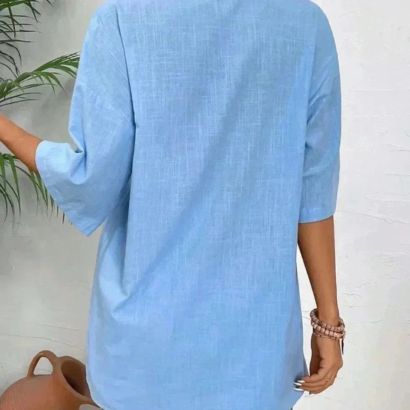 Blue Casual Women's Vacation Solid Color Drop-Shoulder Shirt And Shorts Set - Picture 2 of 7